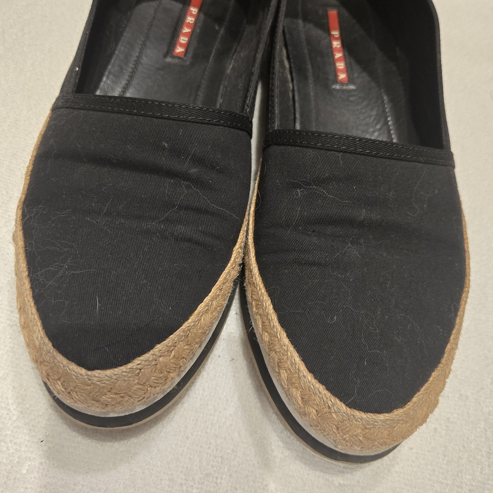 Prada Black Canvas Espadrille Flats with Natural Rope Trim
